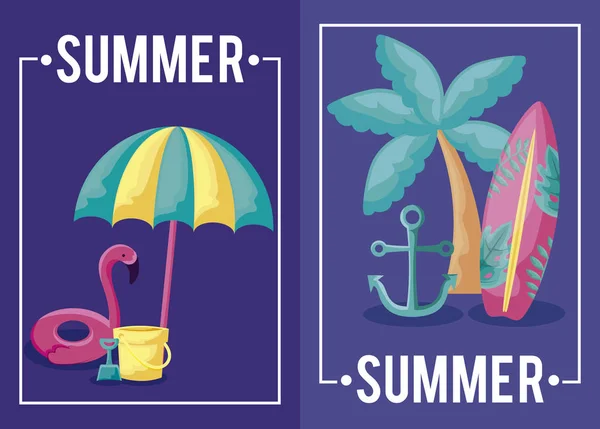 Летние каникулы плакат с фламандским фломастером и иконами — стоковый вектор