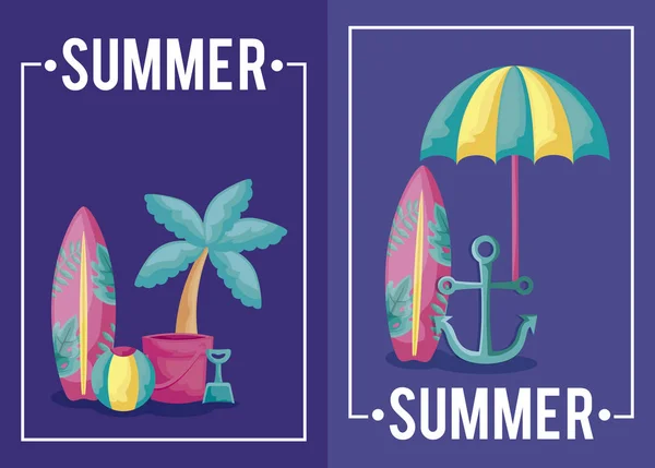 Affiche d'été avec planches de surf et icônes — Image vectorielle
