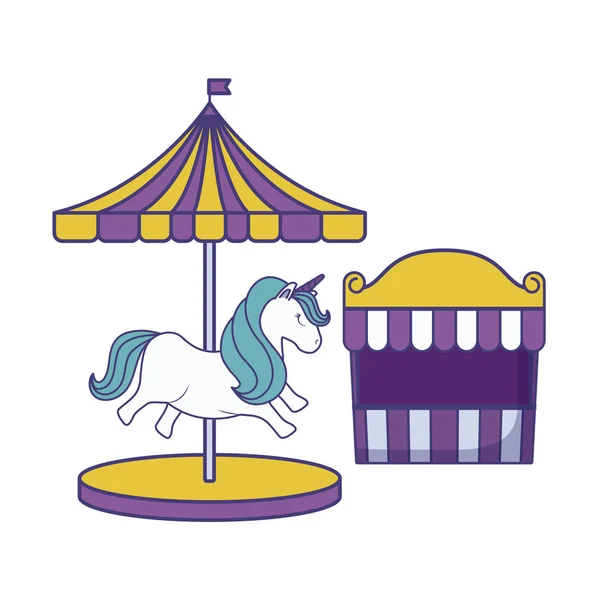 Giostra con unicorno e tenda circo — Vettoriale Stock