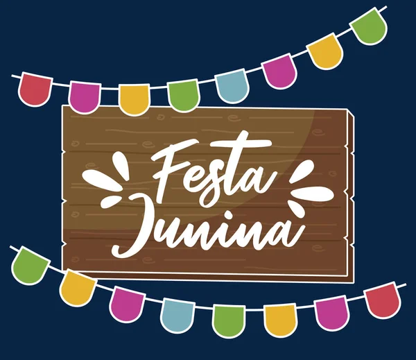 Festa junina card con etichetta in legno e ghirlande — Vettoriale Stock