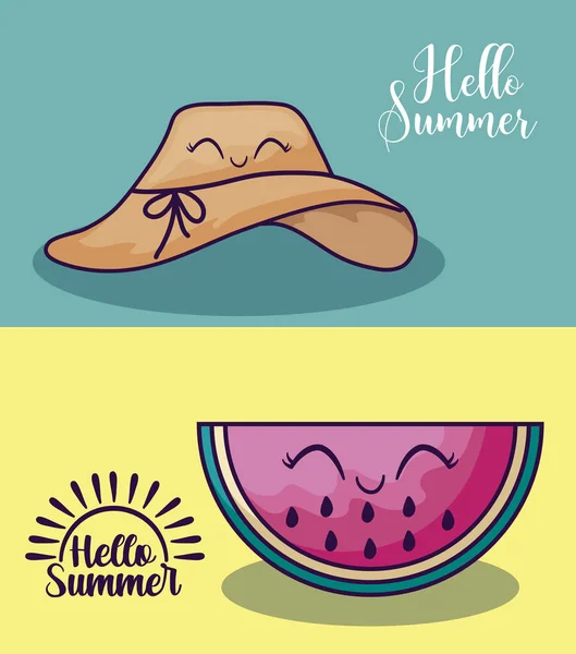 Summer poster with hat and watermelon kawaii — Stock Vector