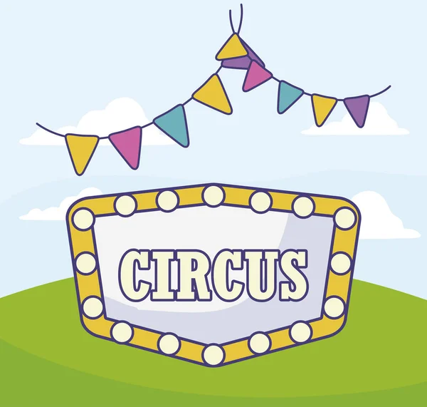Cirkus etikett med ljus och girlanger hängande — Stock vektor