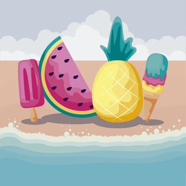 Spiaggia estiva con ananas e set icone — Vettoriale Stock