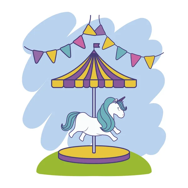 Carrousel avec licorne et guirlandes suspendues — Image vectorielle