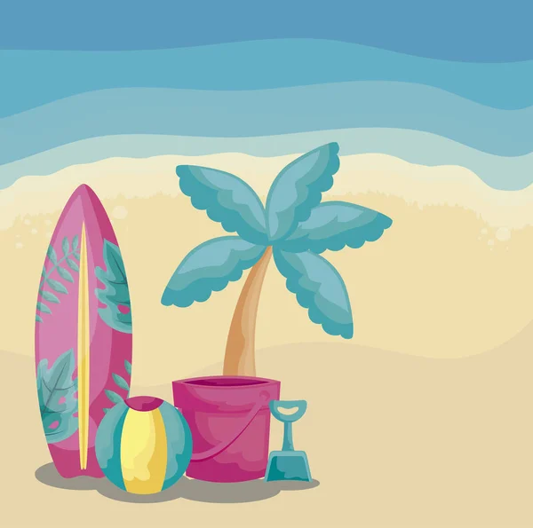 Vacances d'été avec planche de surf et icônes — Image vectorielle