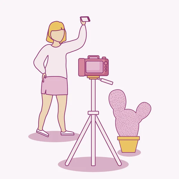 女人拿着智能手机和照相相机自拍 — 图库矢量图片