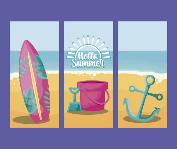 Affiche de vacances d'été avec planche de surf et ensemble d'icônes — Image vectorielle