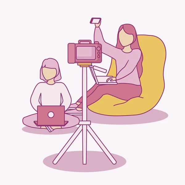 Ομάδα γυναικών που χρησιμοποιούν φορητό υπολογιστή με φωτογραφική μηχανή — Διανυσματικό Αρχείο