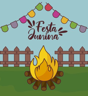 kamp ateşi ve çelenk ile festa junina kartı