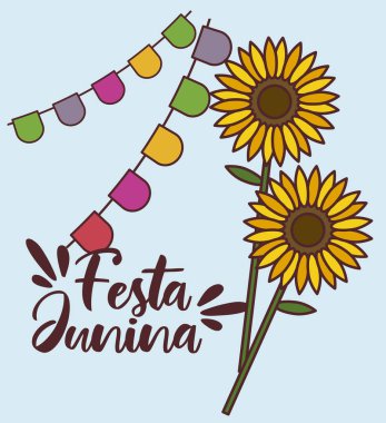 ayçiçeği ve çelenk asılı festa junina kartı