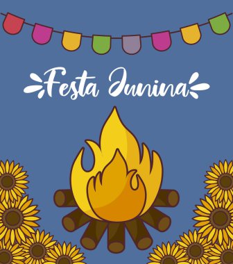 kamp ateşi ve ayçiçeği ile festa junina kartı