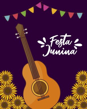 gitar ve ayçiçeği ile festa junina kartı