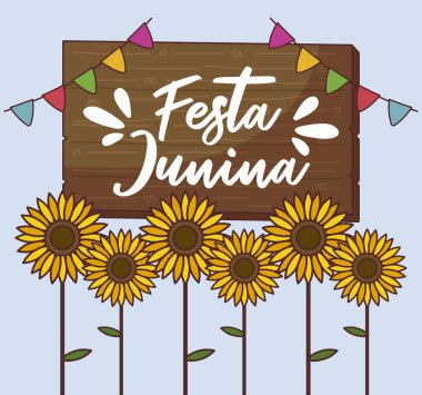 ayçiçeği ve ahşap etiket ile festa junina kartı