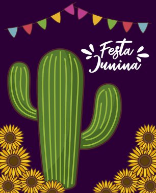 kaktüs ve ayçiçeği ile festa junina kartı