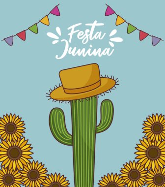 kaktüs ve ayçiçeği ile festa junina kartı