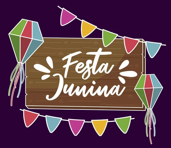 Festa junina card con etichetta in legno e lanterne — Vettoriale Stock