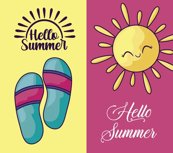 Cartaz de férias de verão com chinelos e kawaii sol — Vetor de Stock
