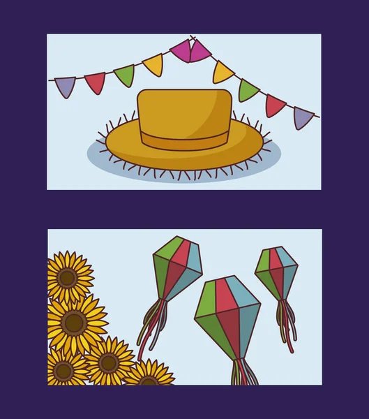 Festa junina card con cappello di paglia e icone — Vettoriale Stock
