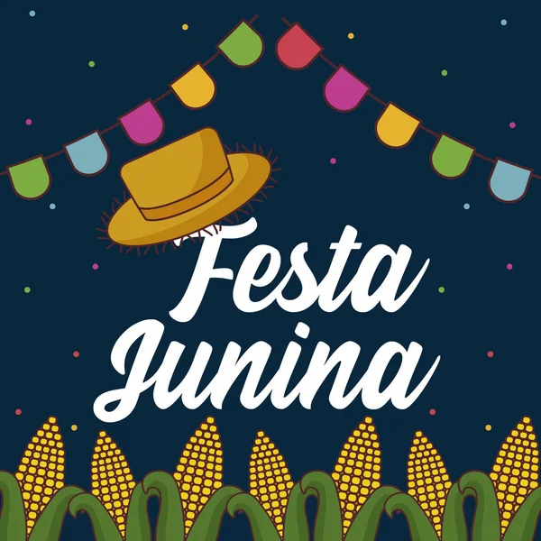 Festa junina card con pannocchie e cappello di paglia — Vettoriale Stock