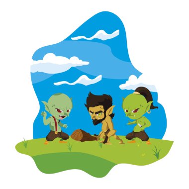 kamp sihirli karakterler mağara adamı cüce ile çirkin troller