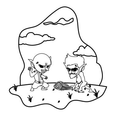 kamp sihirli karakterler mağara adamı gnome ile çirkin troll