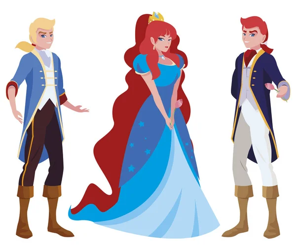 Príncipes con encanto y princesa de cuentos personajes — Vector de stock