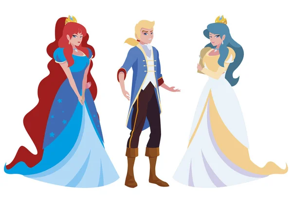 Príncipe encantador y dos princesa de cuentos personajes — Vector de stock