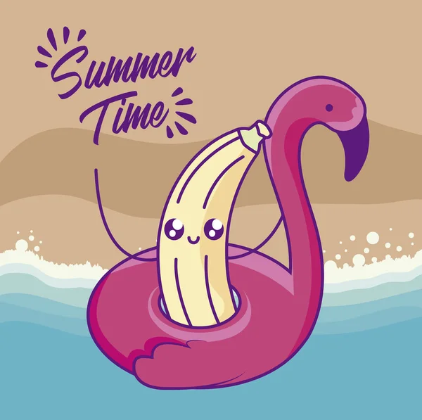 Cartaz de verão com float flamengo e banana kawaii — Vetor de Stock