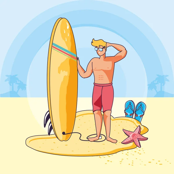 Joven con tabla de surf en la playa escena de verano — Archivo Imágenes Vectoriales