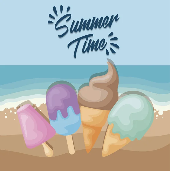 아이스크림 세트와 여름 해변 포스터 — 스톡 벡터