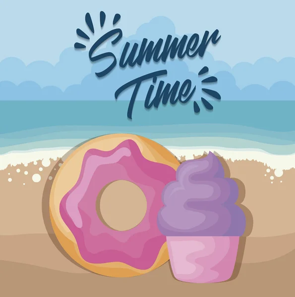 Καλοκαιρινή παραλία αφίσα με κέικ και ντόνατ — Διανυσματικό Αρχείο