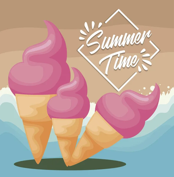 Poster sulla spiaggia estiva con set di gelati — Vettoriale Stock
