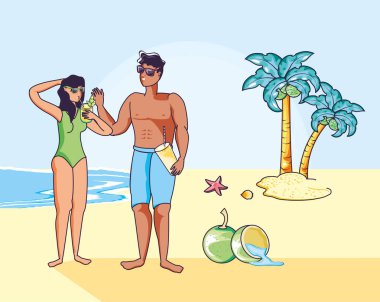 Yaz sahnesinde mayosu olan genç bir çift.