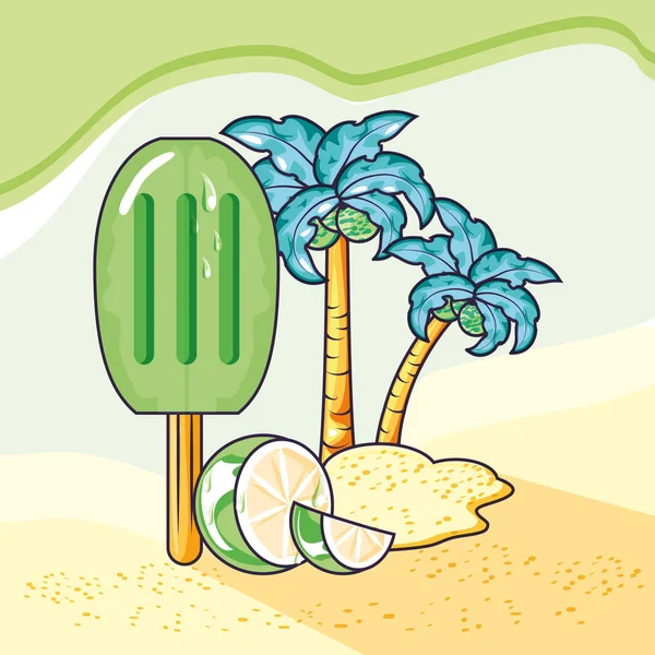 Affiche de plage d'été avec crème glacée au bâton de citron — Image vectorielle
