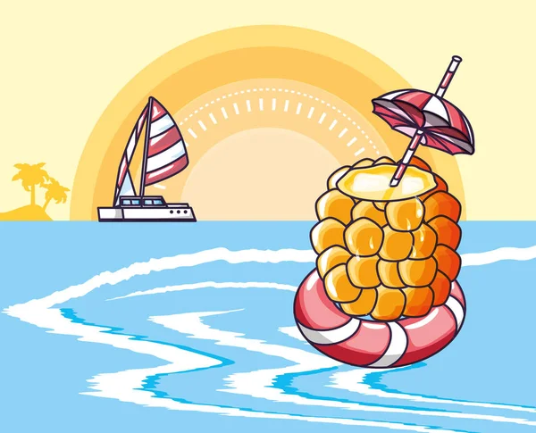 Affiche d'été d'ananas cocktail avec flotteur en mer — Image vectorielle