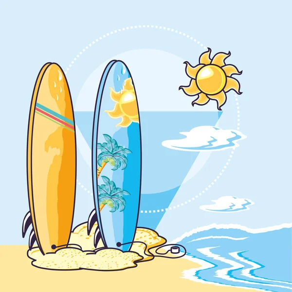 Affiche plage d'été avec planches de surf et soleil — Image vectorielle