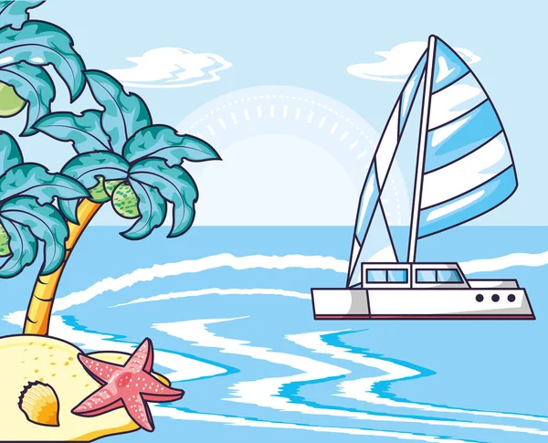 Affiche d'été avec voilier en mer et île — Image vectorielle