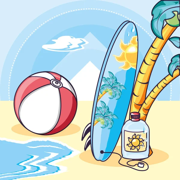Cartaz de praia de verão com prancha de surf e ícones — Vetor de Stock