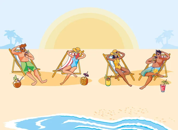 Personnes à la plage avec des cocktails scène d'été — Image vectorielle