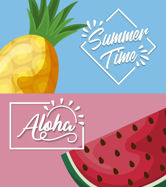 Affiche d'été avec ananas et pastèque — Image vectorielle