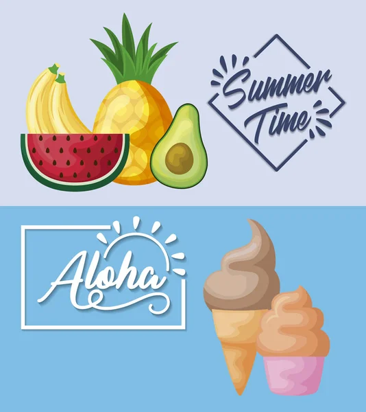 Cartaz de verão com frutas de banana e ícones — Vetor de Stock