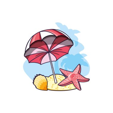 şemsiye açık ve deniz kabuğu ile sevimli denizyıldızı