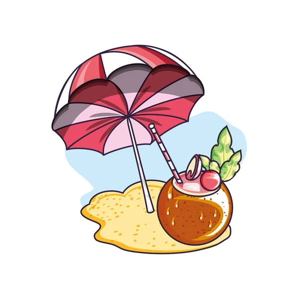 Sommar cocktail av kokos med strand paraply — Stock vektor