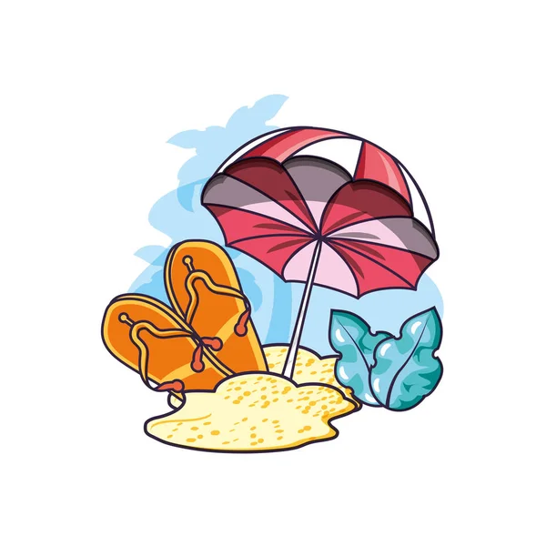 Chanclas de verano con sombrilla en la playa — Vector de stock