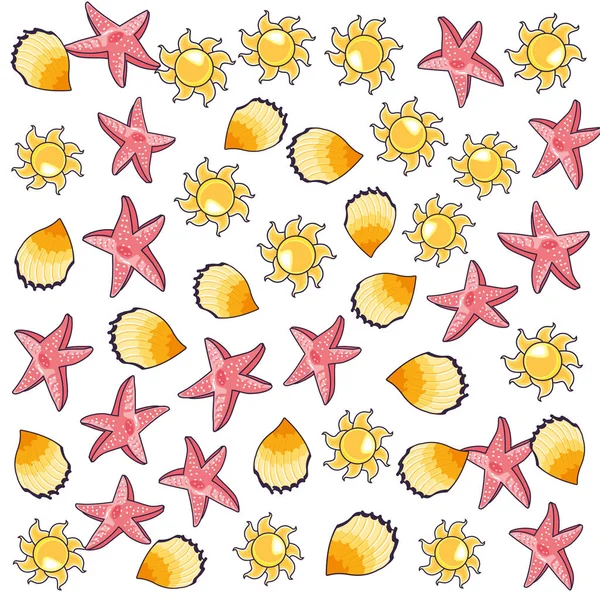 Motif d'été de soleils avec étoiles de mer et coquillages — Image vectorielle