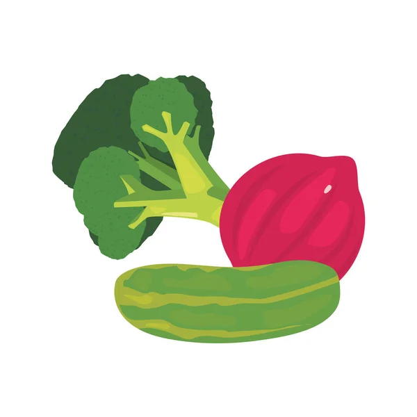 Brócoli cebolla roja pepino alimentos frescos — Archivo Imágenes Vectoriales