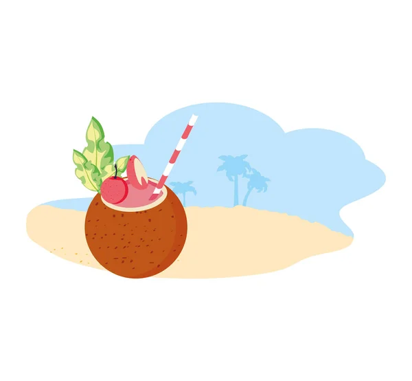 해변에서 코코넛의 여름 칵테일 — 스톡 벡터