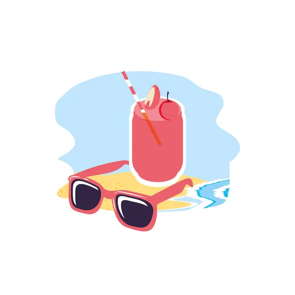 Summer sunglasses in the beach with juice — Stock Vector