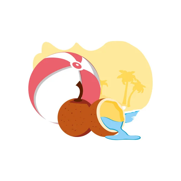 Coco fresco con media fruta en la playa y bola — Vector de stock