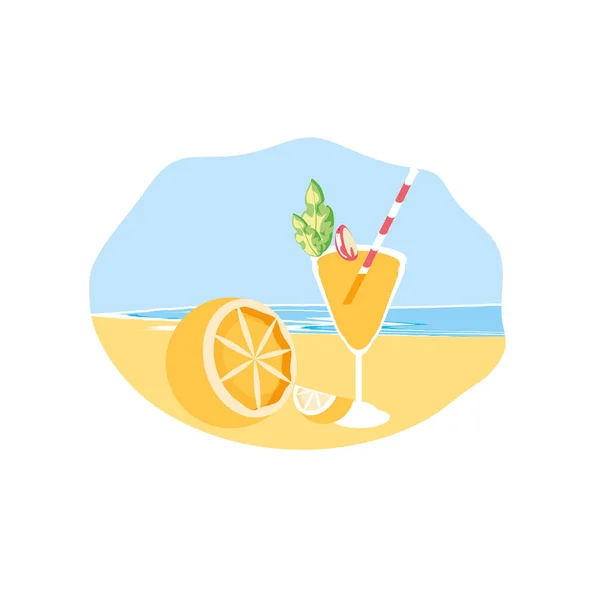 Frische Orangenhälfte am Strand mit Cocktail — Stockvektor